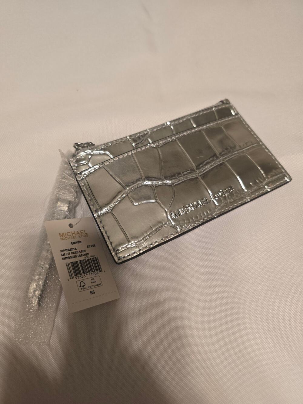 Michael Kors Empire Crocodile Embossed Leather Zip Card Case Silver
